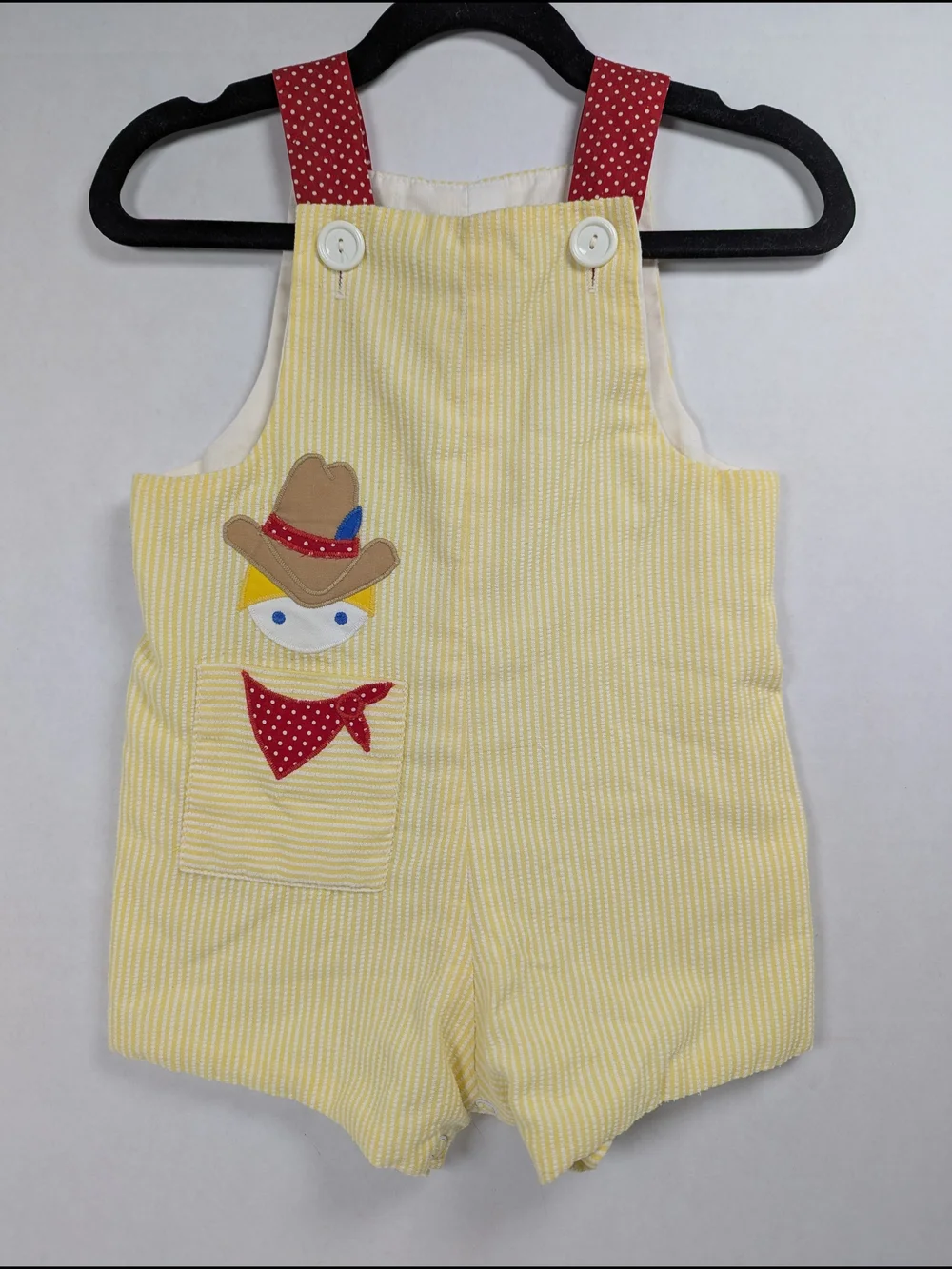 VTG 1980s Fischel Johnston Cowboy Appliqué Yellow Seersucker Overalls Romper 2T